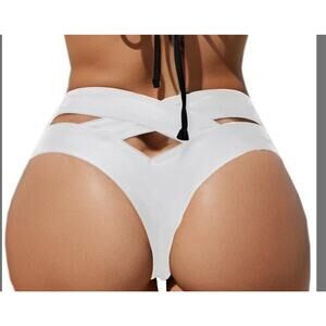Women's White Bikini Bottom Cheeky Swimsuit Criss Cross Cut Out Back Bottom S